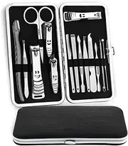 KLVN 15Pcs Stainless Steel Nail Kit Nail Clipper Nipper Cutter Scissors Tweezers Ear Pick Pedicure Manicure Set Nail Art Tools(15pcs Black)