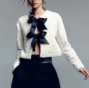Black Front Tie Sequined Jacket Cardigan Top Short Jacket 2024 New Style White M