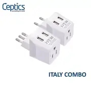 Ceptics Italy, Europe Travel Adapter Plug Set - with 2 USB Socket -Type L and C