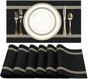 Placemats Set of 8,Heat Resistant Dining Table Place Mats 45x30CM,Washable Easy Clean Vinyl Placemats,Heat Resistant PVC Place Mats,Gold Trimmed Stripes Mats. (Black)