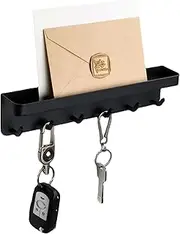 Wall Mount Key Holder,Stainless Steel Key Holder,Self-Adhesive Magnetic Key Hanger with 6 Hooks & Narrow Tray for Entryway Refrigerator Hallway and Office (Matt Black,2 Mount Options) (Matt Black)