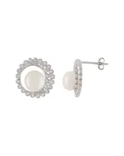 Splendid Pearls Silver 7.5-8mm Freshwater Pearl & CZ Studs