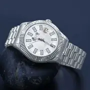 18K Men's Solid Steel White Gold Tone Diamond Cut Luxury Bagutte Dial Watch 44mm
