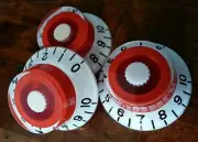 3 Guitar top hat volume / tone knobs. White/Red.. JAT CUSTOM GUITAR PARTS