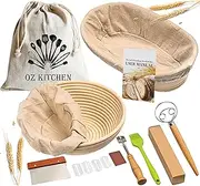 [Oz Kitchen] Sourdough Starter kit - Bread Proofing Basket Set Oval Round - banneton proofing basket – sourdough kit with bread Lame, Danish Dough Whisk, Dough Scraper, Bread Bag and Brush
