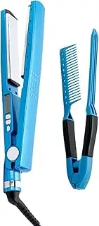 Ceramic Mini Curling Iron, Mini Hair Straightener, 2 in 1 Hair Straightener, Quick Styling, Long Lasting Effect, Dual Voltage Ceramic, Travel Friendly Hair Straightener,Blue + Comb