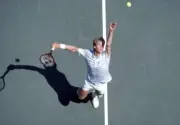 An aerial view of Anders Jarryd of Sweden in action during a men' - Old Photo 1