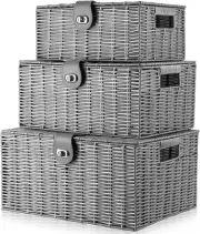 Set of 3 Woven Storage Basket Bin Wicker Hamper Stackable Box with Lid & Lock