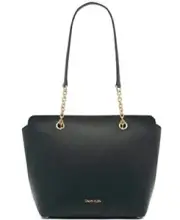 Calvin Klein Hailey Tote Shoulder-Bag Pebbled Leather Black Gold Top Zip Chain