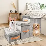 Dog Stairs with Storage 17 H, 3-Step Wider Dog Steps for Large/Medium/Small Older Dogs Cats, Folding Sturdy Pet Stairs Climbing Bed or Couch, Ramp for Car Up t