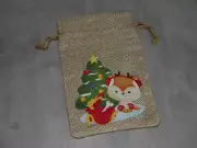 Woven Drawstring Burlap Holiday Gift Bag 6" x 4" Dog & Christmas Tree--CUTE!
