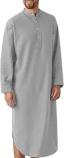 [FEOYA] Mens Nightshirts Long Gown Nightgown Long Sleeve Sleepwear Cotton Henley Shirts Plain Kaftan Thobe Loungewear Comfort Sleep Shirts Night Shirts Muslim Thobe