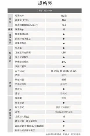 【TATUNG大同】330公升一級變頻雙門冰箱TR-B1330VHR~含拆箱定位 (6.3折)