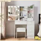 White Vanity Makeup Desk Dressing Table Set with LED Mirror + 6 Drawers + stool