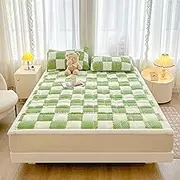 KCCRHIN Skin-Friendly Plush Mattress Topper Single/Double Bed Extra Soft Fitted Sheets Comfortable Velour Autumn/Winter Bed Sheet with Pillowcase Washable Mattress Protectors,Green,100 * 200cm