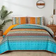 WONGS BEDDING Orange Quilt Set King Size, Stripe Boho 3 Pieces Quilts Bedspread Set Bohemian Lightweight Microfiber All Season Bedding Coverlet Set for King Bed (104"x90")
