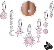 [WINSENET] 14G Clicker belly Button Ring Dangle Belly Rings Surgical Steel Hoop Belly Button Ring Flower Moon CZ Opal Dangle Belly Button Piercings Jewelry for Women-7Pcs