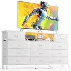 Long Dresser for Bedroom with Charging Station and LED Lights Dresser TV White