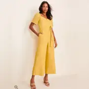 NWT Ann Taylor Size 10 Yellow Linen Blend Tie Wasit Jumpsuit Cropped