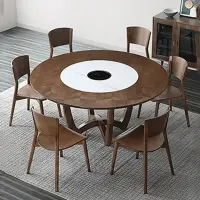 在飛比找樂天市場購物網優惠-巖板白蠟木餐桌圓形內嵌轉盤現代簡約胡桃色新中式圓餐桌椅組合