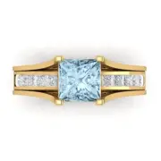 3.40 ct Princess Cut Real Aquamarine Promise Bridal Sliding set 14k Yellow Gold