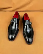 Bespoke Men Premium Quality Black Leather Slip On Dress Loafers Monk Strap Shoes