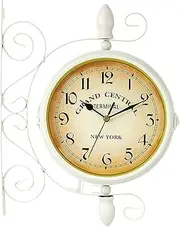 Outdoor Garden Clock,Rotatable Double Sided Wall Clock with Bracket 8 Inch European Retro Style Wrought Iron White Silent Hanging Clock Indoor Livingroom Outdoor Patio Decoration