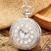 Steampunk Antique Silver Unisex Quartz Pocket Watch Necklace Chain Half Hunter