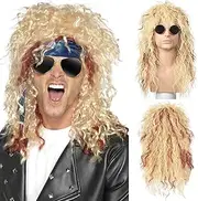 QUEENTAS 70s Mens Wigs Heavy Metal Rocker Mullet Wig for Men 80s Long Curly Costume Anime Hair Wig (Blonde Mix Orange)