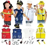 Lesheng space 4 Sets Dress Up Collection for Kids, Pretend Dress Up Trunk of Firefighter costume, Doctor Dress-Up, Policeman Outfit, Construction Worker Role Play Set with Realistic Accessories