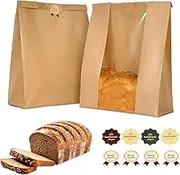 60 Pcs Paper Bread Loaf Bag Kraft Food Packaging Storage Bakery Toast Bag with Front Window, Label Seal Sticker Included (Style-1)