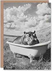 [Artery8] Greeting Card Baby Hippo in Bathtub Black White Surreal Blank For Him Or Her Art Birthday Card