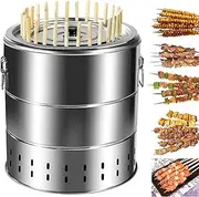 Portable Smokeless Barbecue Charcoal Barrel Grill, Stainless Steel Surround Charcoal Kebab Grill with 28 Skewers and BBQ Grill Cooking Grate, Diameter 15.4 inch