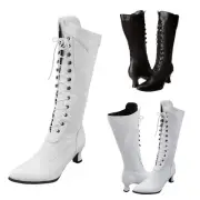 Women's High Heeled Boots Fashion Lace Pointed Toe Shoes Side Zip Mid-Tube Boots
