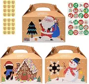 Simpeak 24 Pack Kraft Paper Christmas Cookie Gift Boxes with Stickers, 6.0x3.5x3.5 inch Party Supplies Xmas DIY Gift Cake Boxes for Kids Girls Boys Christmas Party Favors
