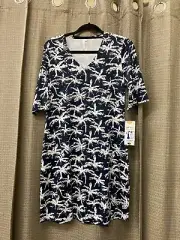 Lulu B Navy Palm Tree Printed Dress w/ V-neck And UPF 50+ Size Small