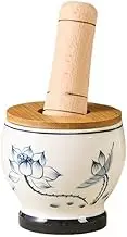 Pestle and Mortar Set Home Garlic Mortar Ceramic Grinder Spice Masher Manual Herb Grinder with Wooden Lid and Pestle Mortar and Pestle