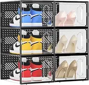 Large Shoe Storage Box Magnetic Door, Fit Shoe Size 13, 6PCS Shoe Boxes Clear Stackable Sneaker Containers Bins, Shoe Organizer for Closet, Space Saving Foldable Shoe Rack Black