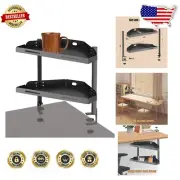 Compact 16" Triangular Black Desk Corner Shelf, Easy Clamp Mount Installation