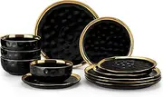 [LOVECASA] 12 Pieces Plates and Bowls Sets, Porcelain Black and Gold Dinnerware Sets, Round Dinner Plates Dishes Set Service for 4, Dishwasher Safe and Scratch Resistant, Black