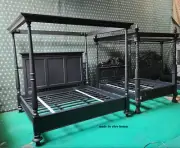 Matt Black King Size 76"x80" Mahogany Wood Four poster canopy Bed gothic