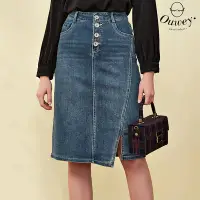 在飛比找Yahoo奇摩購物中心優惠-OUWEY歐薇 時髦刷色斜開叉排釦高含棉牛仔窄裙(藍色；S-