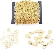 39Ft Flat Iron Twisted Cross Chain - 2x3mm Cable Link Chain with 100 Pcs Open Jump Rings and 30 Pcs Lobster Clasps for DIY Jewelry Making Bracelet Necklace (Gold)