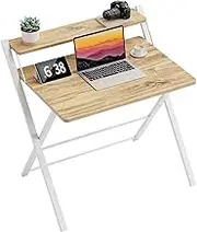 DUSLANG Folding Desk No Assembly Required Small Size, 2-Tier Foldable Computer Desk with Shelf for Home Office, Space Saving Portable Laptop Study Foldable Table for Small Spaces (Oak, 70 x 56 cm)