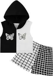 [ESHOO] Toddler Girls Sleeveless Butterfly Print Hooded Crop Top+Leopard Shorts Two Piece Set Summer Sweatsuits Casual Sports Suit