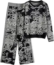 [Generic] Women's Knitted 2PC Suits O-Neck Print Pullover Tops High Waist Wide Legs Pants Tracksuits Lounge Jogging Outfits
