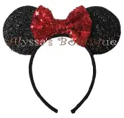 Minnie Mouse Ears Headband Sparkle Shimmer Big SHINY Red Sequin Bow Mickey PARTY