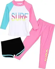 [TiaoBug] Kids Girls Boys Swimsuit UPF 50+ UV 3 Piece Long Sleeve Swimwear Rash Guard Sets Print Shirts Pants Shorts Set