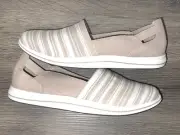 Clark’s NEW Breeze Step Slip On Canvas Shoes Taupe Pink White Striped Sz 10
