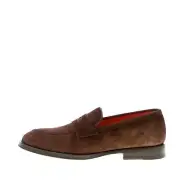 SANTONI men shoes Dark brown suede loafer with the classic penny bar